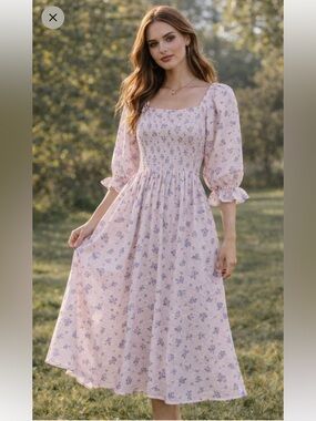 Ivy City Co Teagan Dress Purple Floral Pink Gingham L Maxi Puff Sleeve Smocked